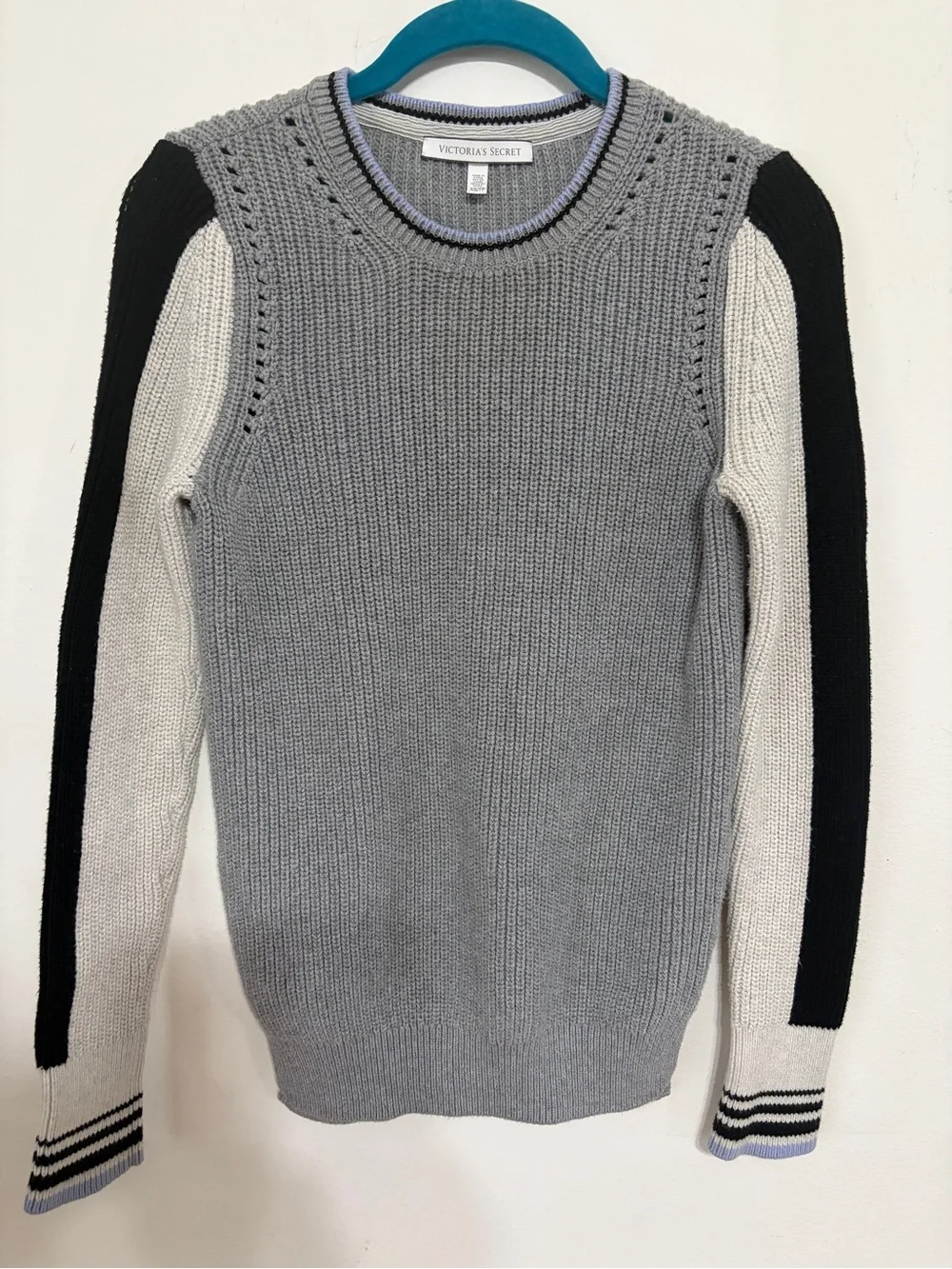 Victoria's Secret Gray, White & Black Rib-Knit Crew Sweater
